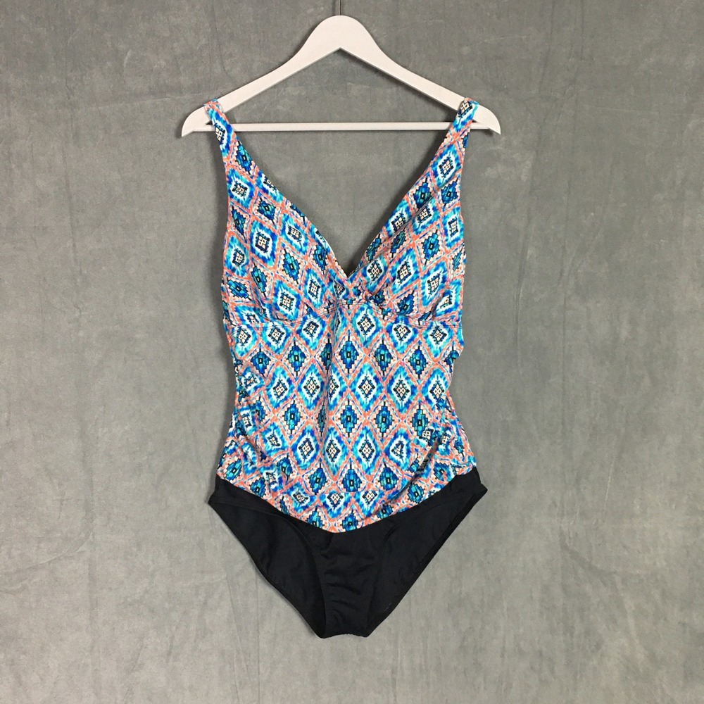 Jantzen Swimsuit Womens Sz 14 Tummy Control Geo Ikat Print One Piece Multicolor